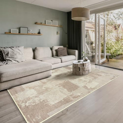 GLN Rugs Bohemian - Troy - Machine Washable Area Rug, Boho Washable, Non Slip, Low Pile Chenille Area Rug, Entryway, Hallway, Kitchen Rug - Easy Clean (3' x 5' Abstract Tan) - color: Abstract Tan, size: 3' x 5' (Rectangular)