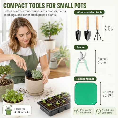 18-Piece Gardening Tool Set for Plants with Repotting Mat | Small-pot care for succulents, bonsai, herbs and seedlings; scoop, trim, label and support new growth