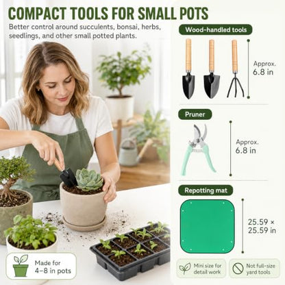 18-Piece Gardening Tool Set for Plants with Repotting Mat | Small-pot care for succulents, bonsai, herbs and seedlings; scoop, trim, label and support new growth