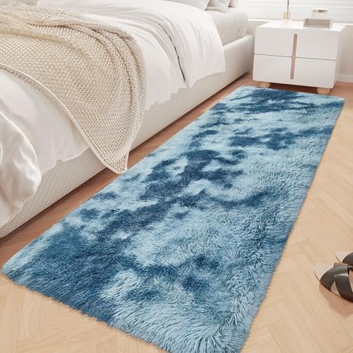 Super Soft Fluffy Living Room Area Rug 2x6 ft Tie-Dyed Light Blue Shaggy Furry Carpet Washable Non-Slip Floor Rugs Bedroom Bedside Nursery Rug Fuzzy Girls Boy Dorm Home Decor Aesthetic - color: Tie-dyed Blue, size: 2' x 6' (Runner)