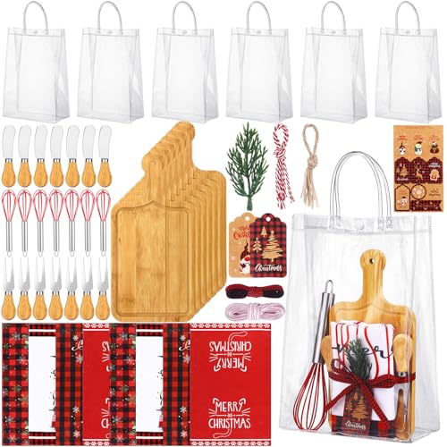 12 Set Christmas Charcuterie Board Gifts Bulk, Bamboo Mini Cheese Cutting Board Gifts with Spreader Knives Fork Towel Whisk for Xmas Gift Wedding Bridal Baby Shower (Long Handle,Light) - color: Light