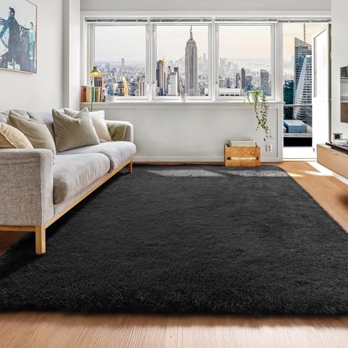 Black Area Rugs for Bedroom Living Room, Fluffy Fuzzy Shaggy 4x6 Bedside Rug, Soft Plush Modern Indoor Floor Carpet for Nursery Kids Girls Boys Teen Dorm Home Office Decor Aesthetic - color: Black, size: 4' x 6' (Rectangular)
