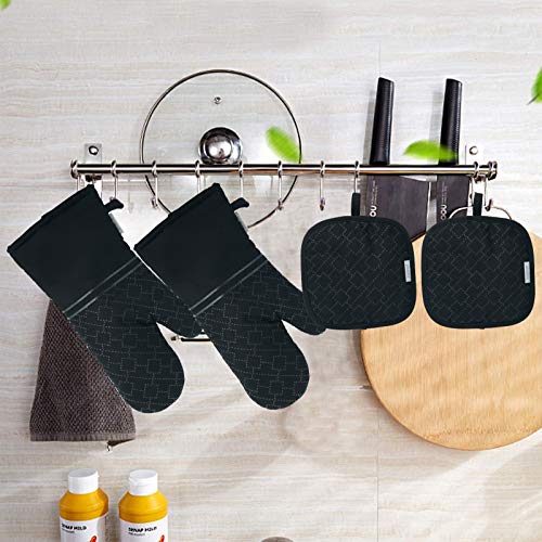 4Pcs Oven Mitts and Pot Holders Set, 572F Heat Resistant Oven Glove, Soft Cotton Lining with Non-Slip Surface for Kitchen Baking BBQ (Black) - color: Black