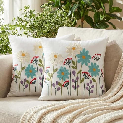 Hahafelt 2Pcs Spring Floral Embroidered Decorative Throw Pillow Covers 18"x 18" Daisy Flower Pillow Covers with Zipper Farmhouse Cushion Cases for Bed Couch Sofa Living Room Bedroom Decor Gift - style: Daisy
