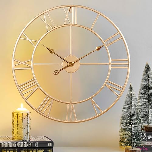Silent 24 Inch Wall Clock for Living Room Decor,Gold Roman Numeral | Non Ticking,Thicker Champagne Gold Metal Wall Clock for Dinning Room,Entryway,Home Office & Fireplace Decor - color: Champagne Gold, size: 24 Inch