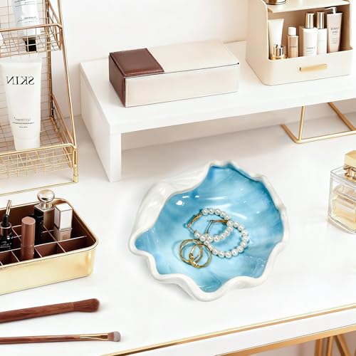 Seashell Ceramic Jewelry Trinket Tray, Blue White Decorative Ring Holder Dish for Rings Earrings Necklaces, Women’s Birthday Gift, Mother’s Day Present - style: Shell