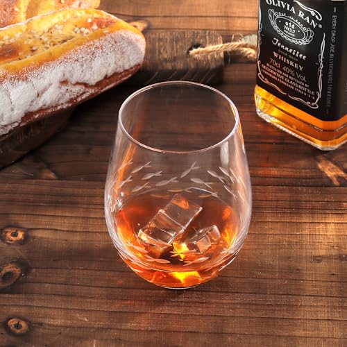 Joeyan Etched Stemless Wine Glasses,Hand Blown Drinking Glass Cups Wine Tumbler with Fish School Patterns,Carved Large Cocktail Whiskey Glasses,Gift for Party Wedding,17.5 oz,Dishwasher Safe - color: School of fish