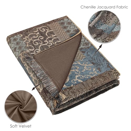 Loom and Mill Blue Patchwork Throw Blanket for Couch Sofa Bed, 52x72 Inches | Classic Thick Chenille Jacquard Bed Throws Soft and Cozy Velvet Fall Blankets with Fringes Trim for Couch Recliner Chair - color: Blue