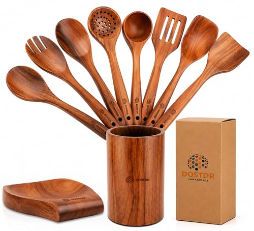 DOSTDR-10 Piece Wooden Cooking Utensil Set Teak Wood Cooking Spoon FoodSafe | NonStick Safe HeatResistant Durable Lightweight FoodSafe SeasonedTeak Ergonomic EasyClean EcoFriendly ScratchResistant