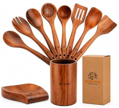 DOSTDR-10 Piece Wooden Cooking Utensil Set Teak Wood Cooking Spoon FoodSafe | NonStick Safe HeatResistant Durable Lightweight FoodSafe SeasonedTeak Ergonomic EasyClean EcoFriendly ScratchResistant