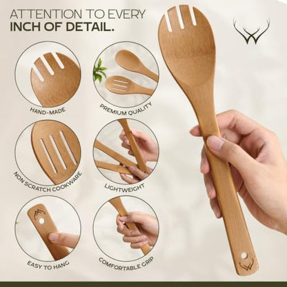 7PCS Carbonized Bamboo Wooden Spoons for Cooking Set, Premium Kitchen Utensils for Nonstick Cookware, Durable Wooden Cooking Tools