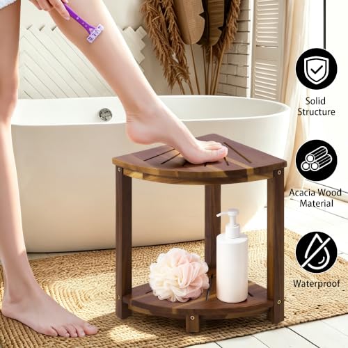Corner Shelves Shower Caddy Stand, Shower Stool with Storage Shelf, Shower Foot Rest for Shaving Legs,Sturdy Bathroom Organizer for Kitchen, Living Room–Acacia Wood