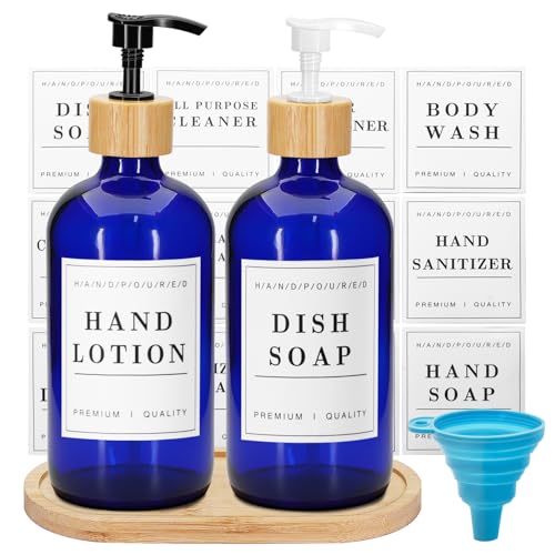 2 Pack 16 Oz Glass Soap Dispenser Set with Tray, Hand Dish Soap Dispenser Set for Bathroom and Kitchen Bottle Dispenser with Dish Soap, Hand Soap, Lotion (Blue) - color: Blue