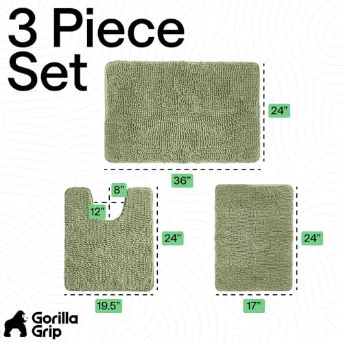 GORILLA GRIP Bathroom Rug Sets 3 Piece, Bath Mat Set and Oval Toilet Base with Rubber Backing, Plush Absorbent Shaggy Chenille Washable Mats, Includes 24x19.5, 24x17 and 36x24 Inch Rugs, Sage - color: Sage, style: 24"x19.5" + 24"x17" + 36"x24" - 3 Pack