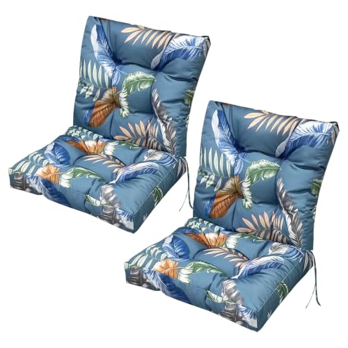 Outdoor Chair Cushions Set of 2 Waterproof Tufted High Back Floral Wicker Chair Cushion with Ties for Indoor Patio Furniture 41.7"*20.8"*3.9" Blue Ye - color: Blue Ye