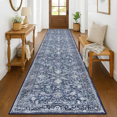 KILOCOCO Runner for Hallway 3x14 ft Washable Runner Non-Slip Rug, Blue | Printed Hallway Runners Rug, Non Skid Kitchen Runner Rug, Low Pile Runner for Bedroom Living Room, Soft Floral Hall Runners - color: Blue/Navy/White, size: 3' x 14' (Runner)