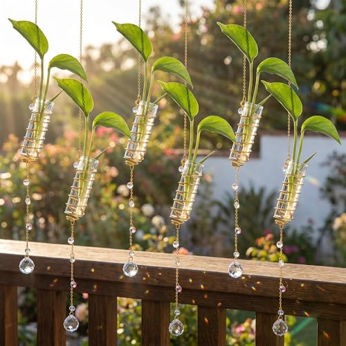 6Pcs Hanging Propagation Station with Crystal Ball Prisms Plant Suncatcher | Glass Wall Hanging Propagation Vases Crystals Prism Suncatchers Decor for Windows Home Wedding with a Cleaning Brush - color: Golden