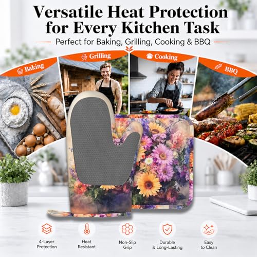 Retro Blooming Flowers Oven Mitts and Pot Holders Sets Silicone Kitchen Mitts Potholders Heat Resistant Oven Gloves Hot Pads for Kitchen Baking Cooking - color: Retro Blooming Flowers