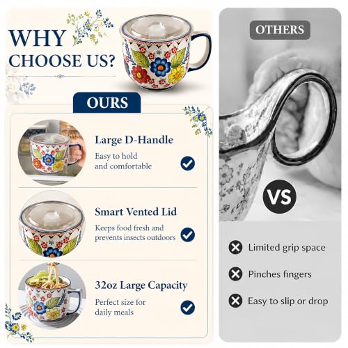Ceramic Soup Bowl with Handle 32oz – Microwave Ramen Bowl with Lid, Hand Painted Soup Mug & Cup for Cereal, Oatmeal, Ramen, Instant Noodle, Soup Container with Lid - Polish-Inspired Folk Floral