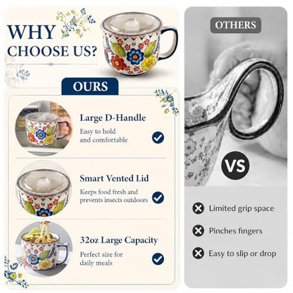 Ceramic Soup Bowl with Handle 32oz – Microwave Ramen Bowl with Lid, Hand Painted Soup Mug & Cup for Cereal, Oatmeal, Ramen, Instant Noodle, Soup Container with Lid - Polish-Inspired Folk Floral