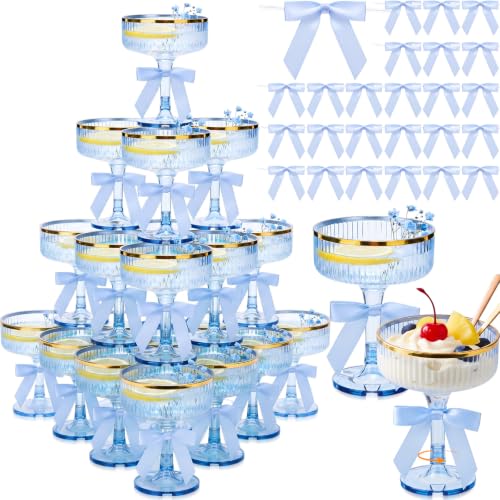 Mifoci 24 Sets 10oz Plastic Martini Coupe Cup with Bow Wine Charm Champagne Tower Cup With Gold Rim Cocktail Glasses for Wedding Bachelorette Birthday Outdoor Party Bar