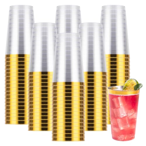 Goodluck 200PCS 14oz Gold Plastic Cups for Party, Disposable Gold Rim Cups | Plastic Cocktail Glasses for Wedding Thanksgiving, Christmas, and Parties - color: Gold-14oz, size: 200 Pack