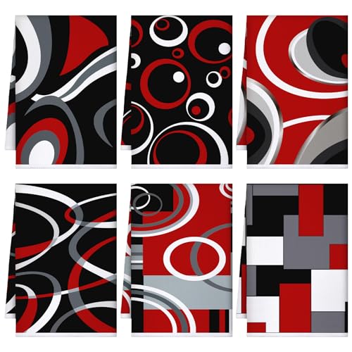 Boyiee 6 Pcs Modern Geometric Kitchen Towels | Red Black Grey White Dish Hand Towels 24 x 16 Inches Gifts Decorative Tea Cloth Gifts for Farmhouse Kitchen Bathroom Decor - color: Black and Red