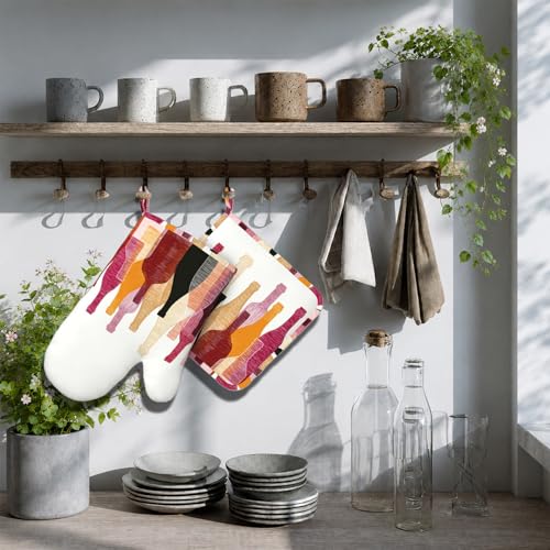 Red Wine Bottle Oven Mitts and Pot Holders Sets Non-Slip Silicone Surface for BBQ Gloves,Kitchen,Cooking,Baking,Grilling - color: Red Wine Bottle
