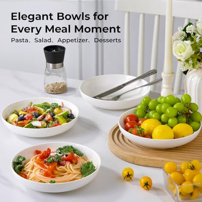YHY Pasta Bowls Set of 4, 22 oz Ceramic Salad Plates, 7.8 Inch Wide Shallow Porcelain Dishes for Dinner, Microwave & Dishwasher Safe, White - size: 7.8 inches
