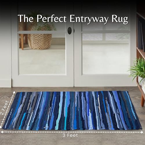 Chindi Kitchen Rug 2x3 Feet - Navy | Cotton Hand Woven Throw Rugs for Bathroom, Easy Clean Accent Camping Carpet - color: Navy, size: 2 x 3 feet