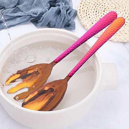 Salad Spoon and Fork Set, 12 Inch Stainless Steel Salad Server, Magic Red Serving Utensils, Pack of 2 - color: Orange Red