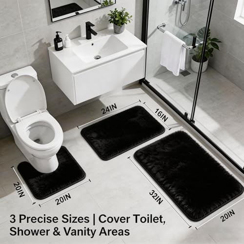 Bathroom Rugs Set Plush Velvet Bath Rugs Non-Slip Shaggy Bath Mat Set 3 Piece,Washable Mats,Absorbent Shaggy Rugs Super Soft U-Shaped Toilet Rug,Bahroom Carpets for Bathroom,Tub,Shower Black - color: Black