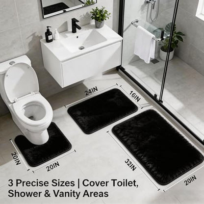 Bathroom Rugs Set Plush Velvet Bath Rugs Non-Slip Shaggy Bath Mat Set 3 Piece,Washable Mats,Absorbent Shaggy Rugs Super Soft U-Shaped Toilet Rug,Bahroom Carpets for Bathroom,Tub,Shower Black - color: Black