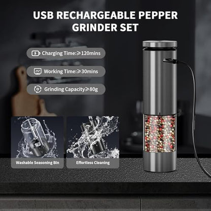 Haomacro Electric Salt and Pepper Grinder Set, Upgraded Larger Capacity | Stainless Steel Automatic Salt and Pepper Mill Set Refillable with 5 Adjustable Coarseness Stainless Steel Top button Shaker