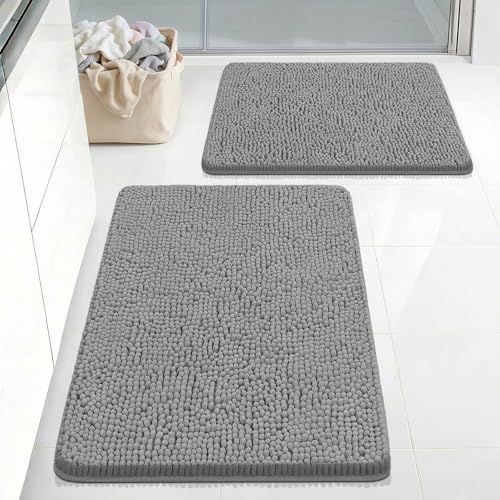 Bcoimo Bath Rug Mat Sets, 2 Piece Extra Soft Chenille Gray Bathroom Mat Set | Non Slip with Rubber BackingBathroom Rug set; Machine Washable;Extra Soft Bath Rug;High Absorbent、Quick Drying Microfiber mat - color: Grey, size: 30×20 Plus 24×17
