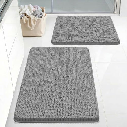 Bcoimo Bath Rug Mat Sets, 2 Piece Extra Soft Chenille Gray Bathroom Mat Set | Non Slip with Rubber BackingBathroom Rug set; Machine Washable;Extra Soft Bath Rug;High Absorbent、Quick Drying Microfiber mat - color: Grey, size: 30×20 Plus 24×17