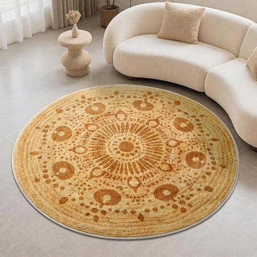 Carvapet 5ft Round Area Rug Washable Jute Style Low Pile Carpet | Stain resistant rug with non slip backing and foldable design for living rooms, bedrooms, offices and bathrooms - color: S-brown, size: 5' (Round)