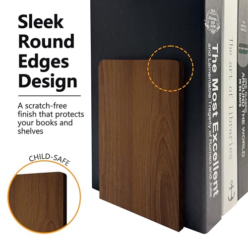 Brosisincorp Walnut Wood Book Ends for Shelves - Hand Polished Edges, Non-Skid Bookends for Heavy Duty Book Holders Office Desk Shelves Decorative Book Organizer, 6.69"H x 4.72"W x 3.94"L (2 Pairs) | 6.69"Hx4.72"Wx3.94"L, Heavy Duty Wooden Bookend with St