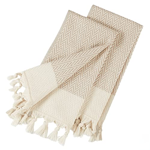 Kitchen Hand Towels with Boho Design, Set of 2, Dish Towels for Kitchen, 100% Cotton Turkish Hand Towels for Bathroom (14 x 30 Inches, Beige) - color: Beige