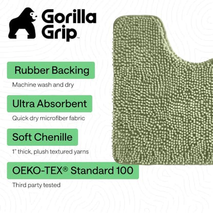 GORILLA GRIP Bathroom Rug Sets 3 Piece, Bath Mat Set and Oval Toilet Base with Rubber Backing, Plush Absorbent Shaggy Chenille Washable Mats, Includes 24x19.5, 24x17 and 30x20 Inch Rugs, Sage - color: Sage, style: 24"x19.5" + 24"x17" + 30"x20" - 3 Pack