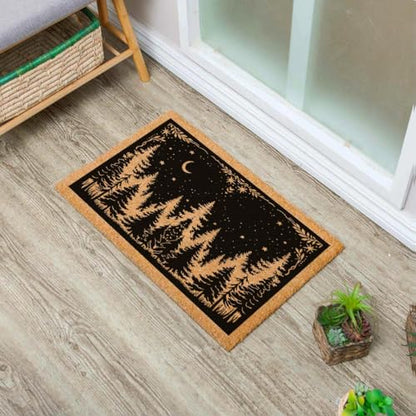 Funny Entryway Outdoor with Heavy Duty Front Porch Patio Welcome Natural Coir Door Mat Novelty House Warming Gift Mat 23.7 x 15.7 inch (Woodland Pine Tree Night Sky)