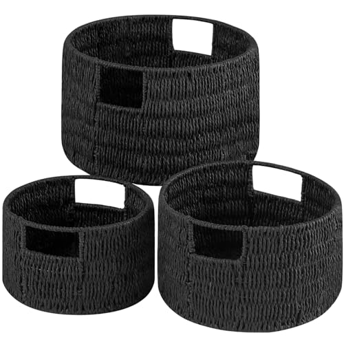 Wicker Storage Basket, Hand-Woven Paper Rope Large Round Woven Basket With Handles, Wicker Baskets for Organizing/Storage, Black, 3-Pack - color: Round Paper Rope(Black)