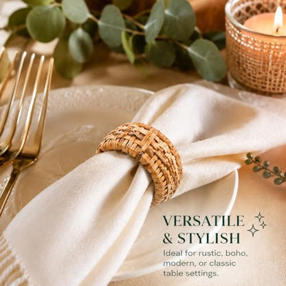Alpha Living Home Rattan Napkin Rings, Brown, Set of 12 | Natural cane & plastic blend, 2x2x1 in each, boho rustic style, handcrafted, fits various napkin thicknesses - color: Tan, size: 12- Pack