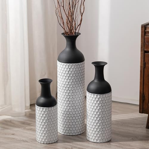 Sziqiqi Floor Vase Decorative Tall, Metal Vase with Honeycomb Texture, 3Pcs | 27/20/16in Black and White Floor Decor, Large Flower Holder, For Home, Living Room, Dining, Bedroom, Hallway, Office - color: White and Black