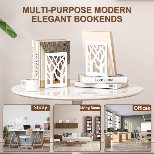 VFINE Withe Bookend 4-Piece, Tree Design Bookends for Shelves, Metal Book Ends for Desk, Decoration Stylish Bookshelf Bookends for Home Office School Supplies - style: White bookend 2 pairs