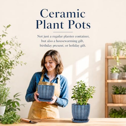 Ceramic Plant Pots, Modern Flower Pots, Small Plant Pots 4.5+5.5inch | Flower Pots Indoor Planters with Drainage and Tray, Modern Indoor Plant Pots for Home and Office, Small Planters - color: Blue