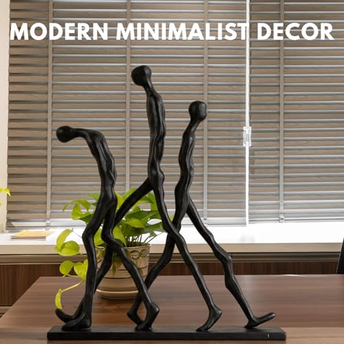 Abstract Three Figures Sculpture Cast Iron – Giacometti Style Walking Trio Statue, Modern Art Home Decor, Minimalist Human Figure Figurine for Living Room Office Shelf – Friendship Brotherhood Gift - style: Three walking man
