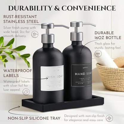 Glass Soap Dispenser Set of 2 (Black) with Silicone Tray | Hand and Dish Soap Dispenser for Kitchen and Bathroom | 16.8 Oz Glass Bottles with Stainless Steel Pump & 15 Waterproof Labels (Black/Silver) - color: Black/Silver