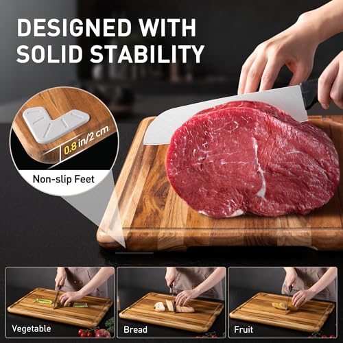 Extra Large Teak Cutting Board 20'' Kitchen Non Slip Wood Butcher Block | Wooden Chopping Board, Heavy Duty, Over Sink, Solid Thick, Meat, Easy to Clean, Extra Large, Best Kitchen Essential Gift - style: 20 IN