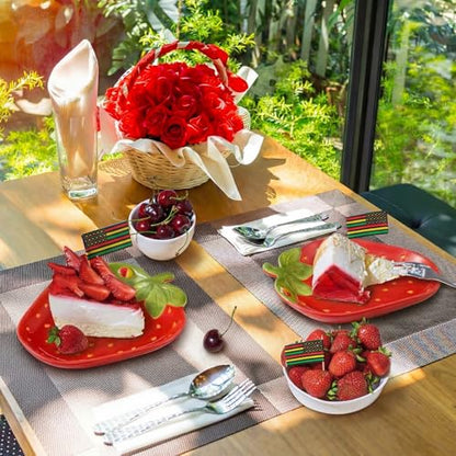 LemonRoad 4 Pcs Ceramic Strawberry Plates 9 Inch Food Serving Platters Strawberry Theme Party Decorations Cute Fruit Salad Plates Dishes Spring Tableware Serving Tray for Dinner Dessert Picnic Candy